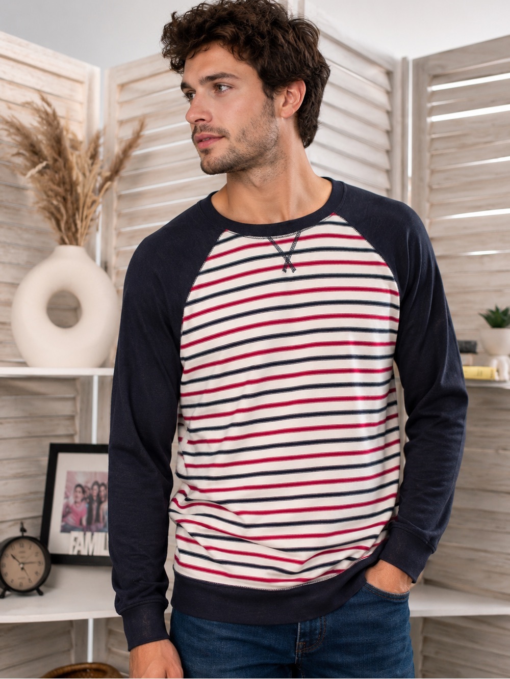 Eddie Bauer Navy Raglan Stripe Long-Sleeve Shirt